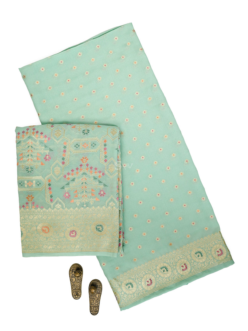 Sea Green Meenakari Booti Crepe Silk Handloom Banarasi Suit - Sacred Weaves