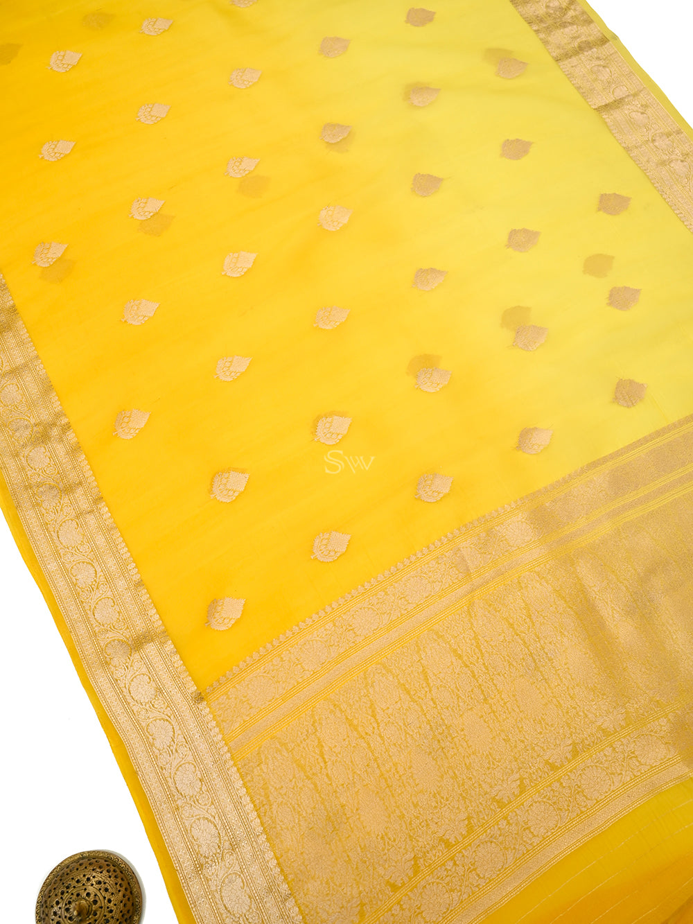 Yellow Booti Organza Silk Handloom Banarasi Saree - Sacred Weaves