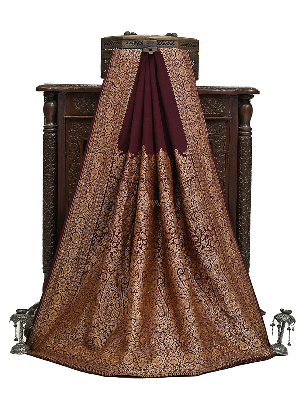 Dark Brown Plain Crepe Silk Handloom Banarasi Saree - Sacred Weaves