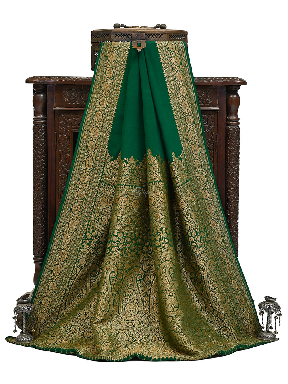 Bottle Green Plain Crepe Silk Handloom Banarasi Saree - Sacred Weaves