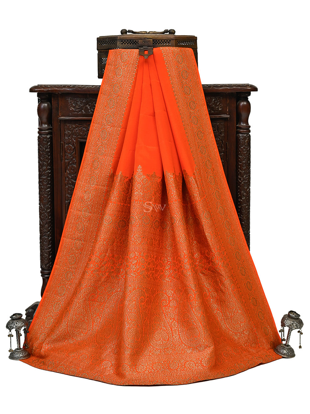 Orange Plain Crepe Silk Handloom Banarasi Saree - Sacred Weaves