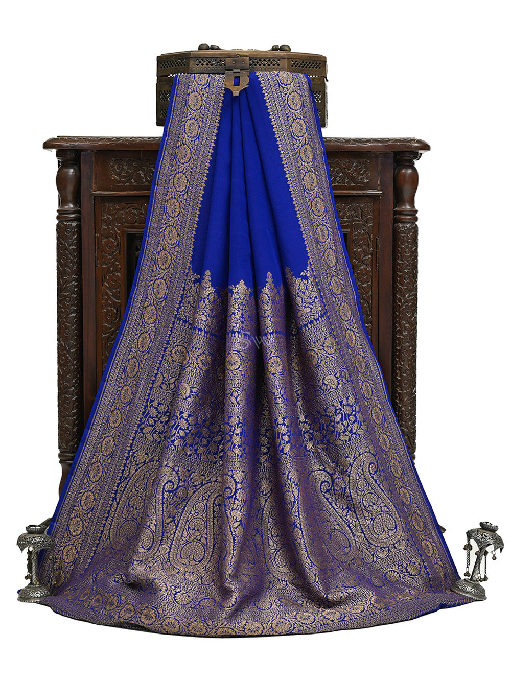 Blue Plain Crepe Silk Handloom Banarasi Saree - Sacred Weaves