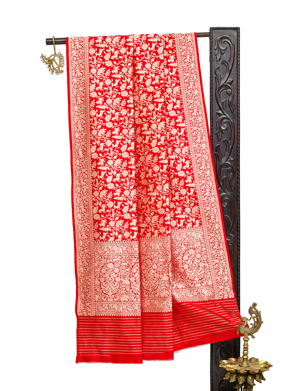 Red Shikargah Katan Silk Handloom Banarasi Dupatta - Sacred Weaves