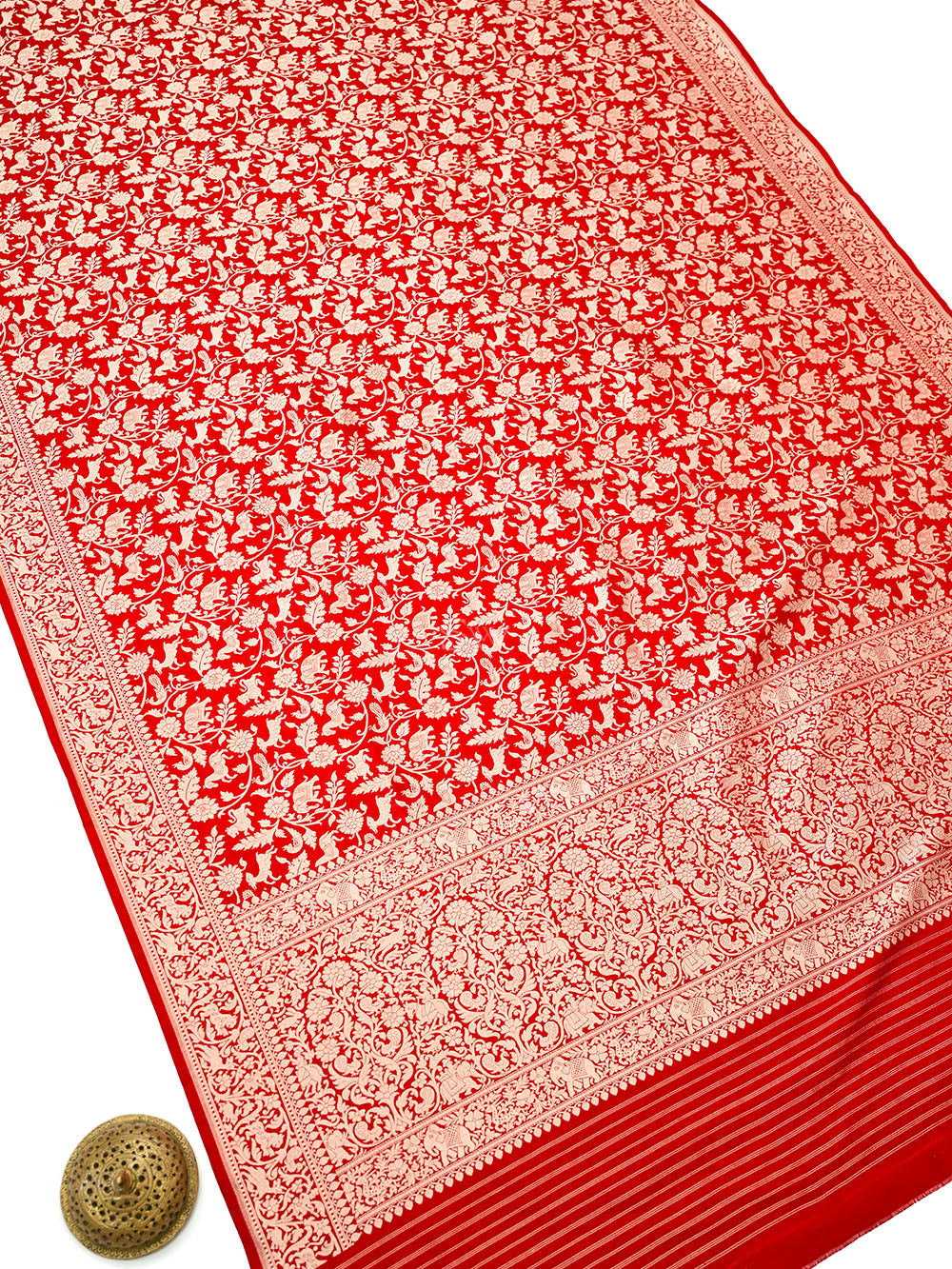 Red Shikargah Katan Silk Handloom Banarasi Dupatta - Sacred Weaves