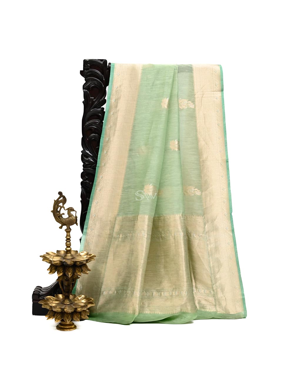 Pastel Green Boota Linen Handloom Banarasi Saree - Sacred Weaves