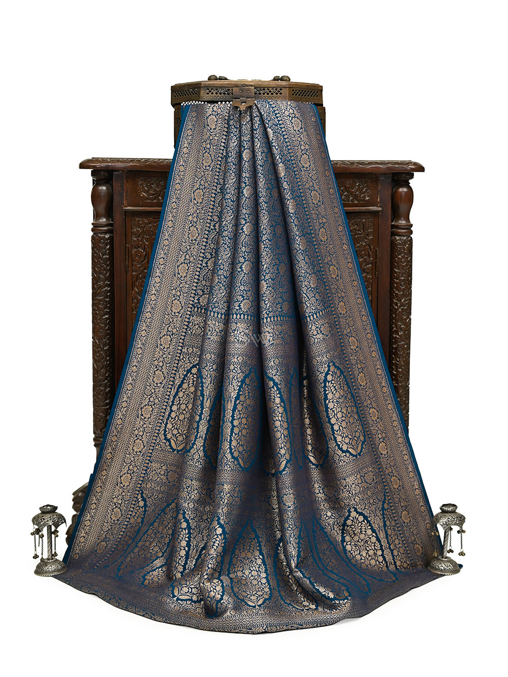 Midnight Blue Jaal Crepe Silk Handloom Banarasi Saree - Sacred Weaves