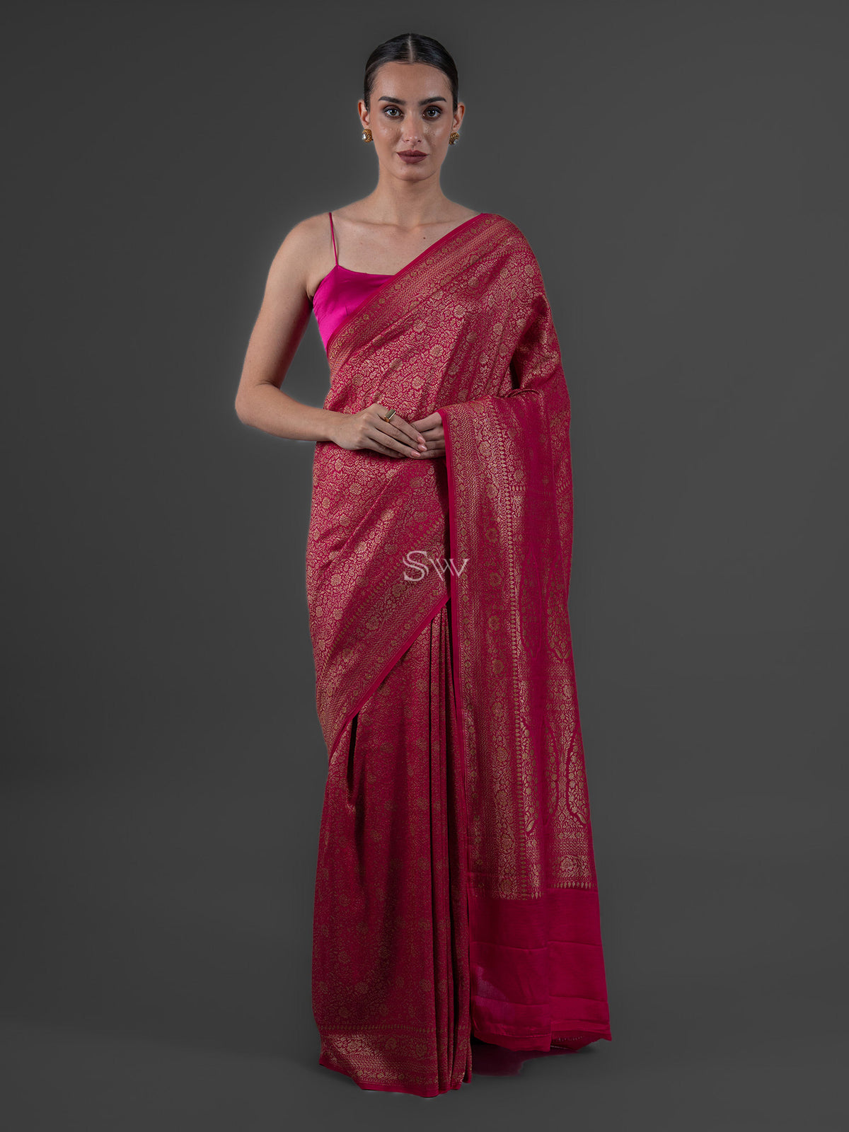 Dark Pink Jaal Crepe Silk Handloom Banarasi Saree - Sacred Weaves