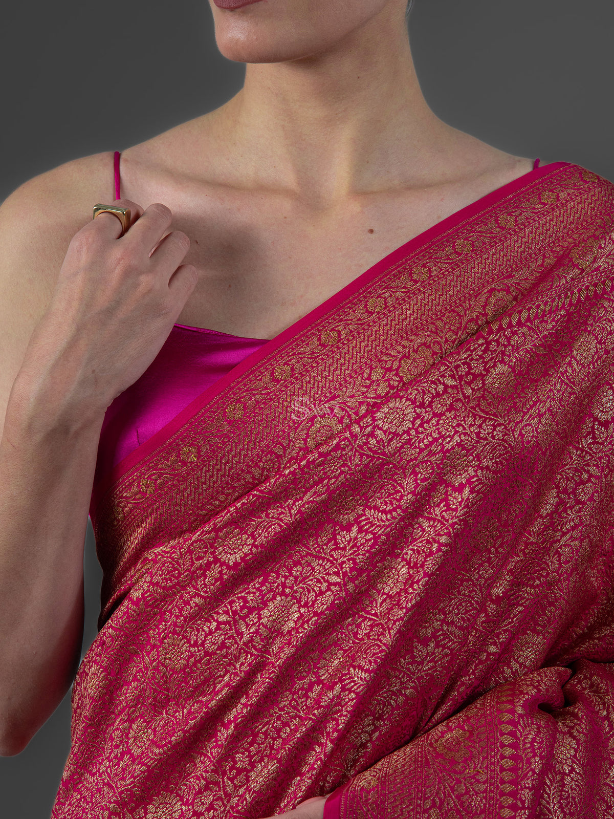 Dark Pink Jaal Crepe Silk Handloom Banarasi Saree - Sacred Weaves