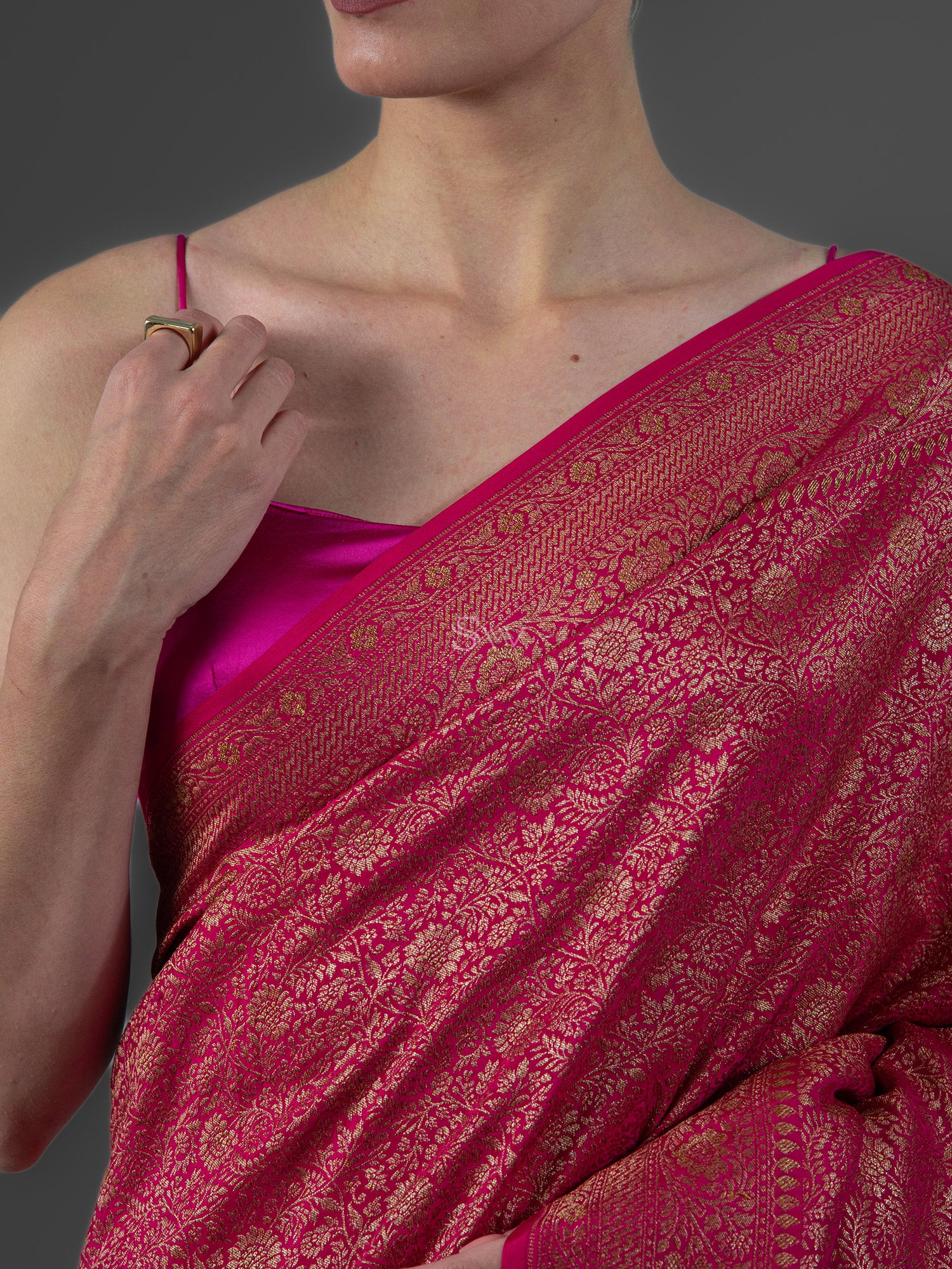 Dark Pink Jaal Crepe Silk Handloom Banarasi Saree - Sacred Weaves