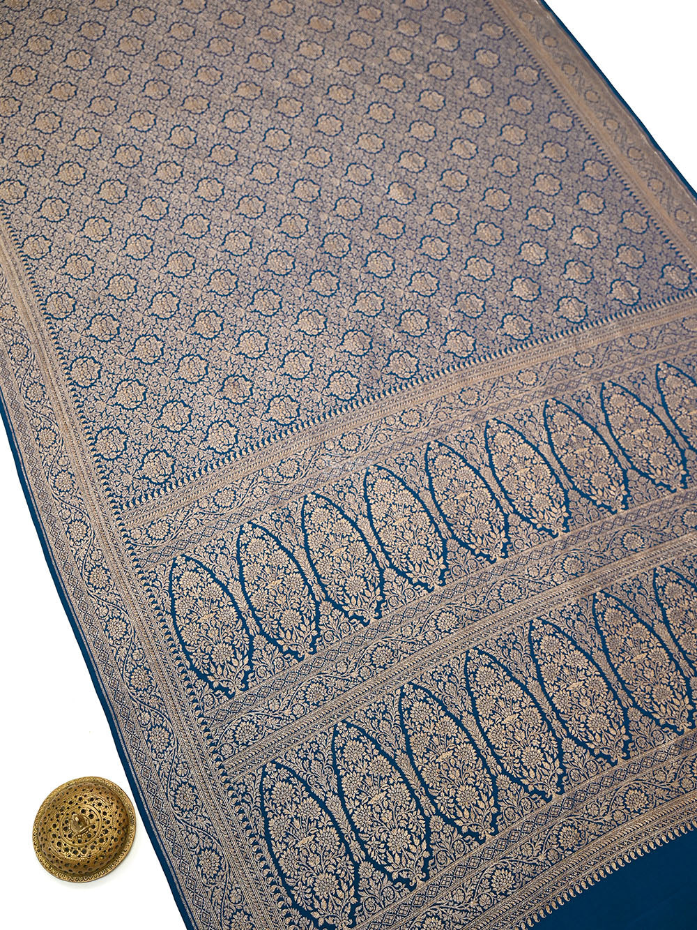 Midnight Blue Jaal Crepe Silk Handloom Banarasi Saree - Sacred Weaves