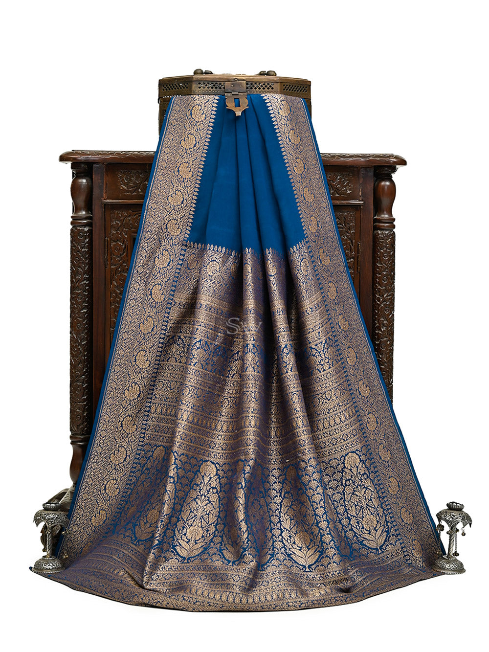 Midnight Blue Plain Crepe Silk Handloom Banarasi Saree - Sacred Weaves