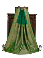 Bottle Green Plain Crepe Silk Handloom Banarasi Saree - Sacred Weaves