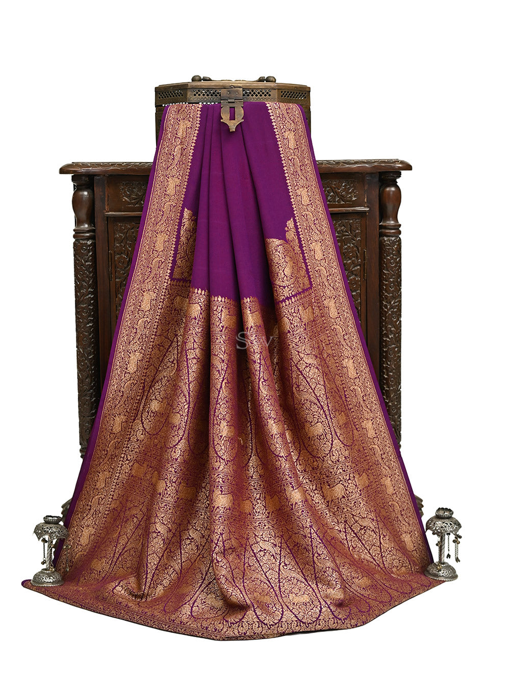 Wine Plain Crepe Silk Handloom Banarasi Saree- Sacred Weaves