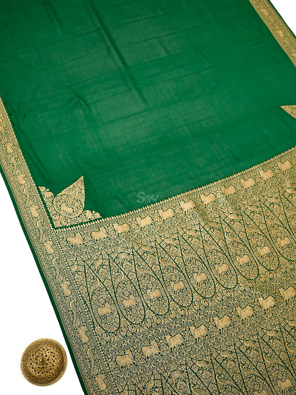 Bottle Green Plain Crepe Silk Handloom Banarasi Saree - Sacred Weaves