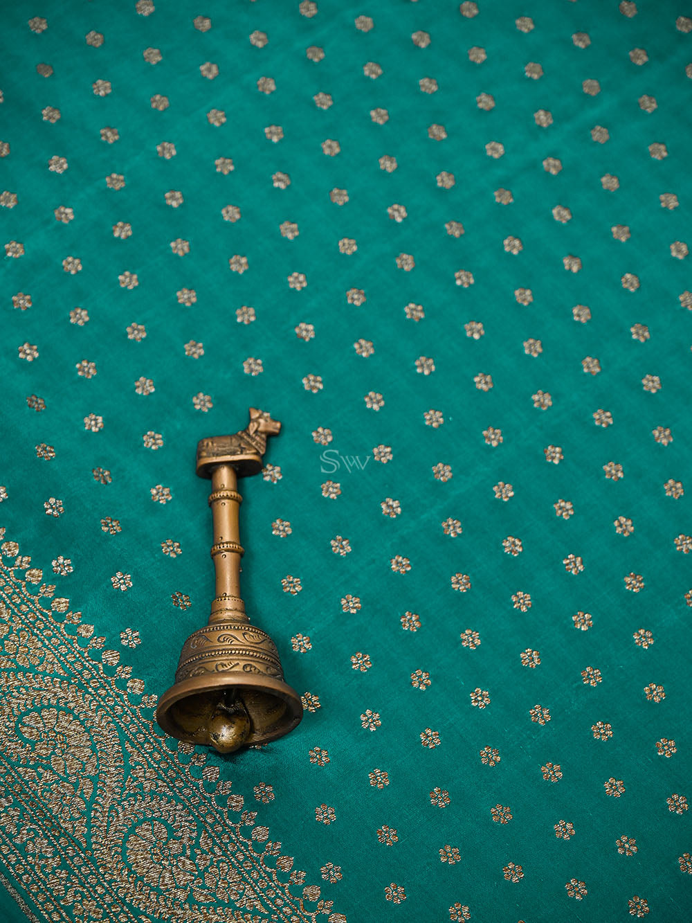 Teal Blue Zari Booti Crepe Silk Handloom Banarasi Saree - Sacred Weaves