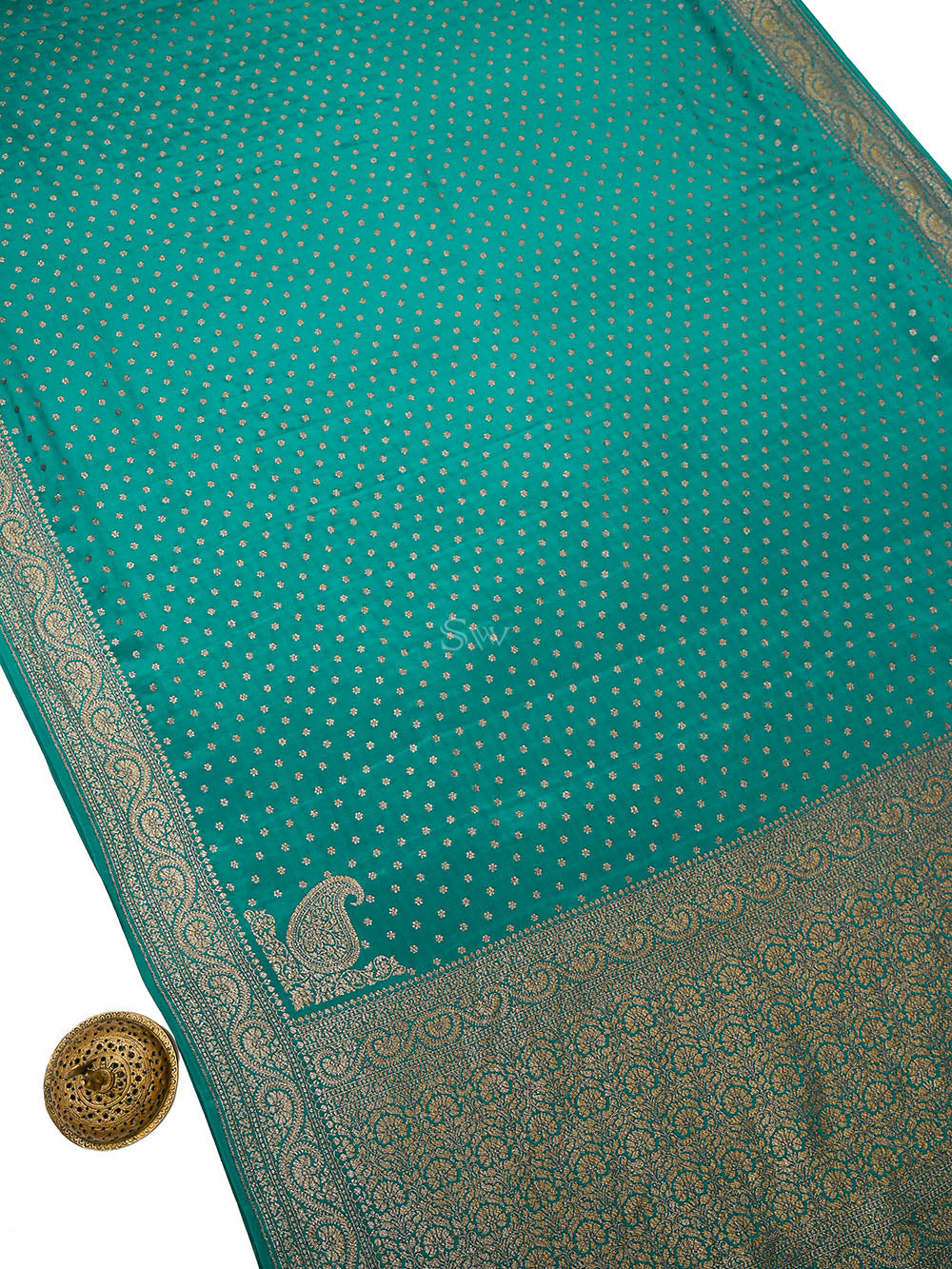 Teal Blue Zari Booti Crepe Silk Handloom Banarasi Saree - Sacred Weaves