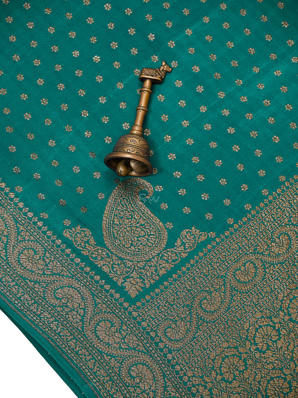 Teal Blue Zari Booti Crepe Silk Handloom Banarasi Saree - Sacred Weaves