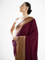 Wine Plain Crepe Silk Handloom Banarasi Saree - Sacred Weaves