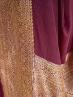 Wine Plain Crepe Silk Handloom Banarasi Saree - Sacred Weaves