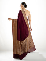 Wine Plain Crepe Silk Handloom Banarasi Saree - Sacred Weaves