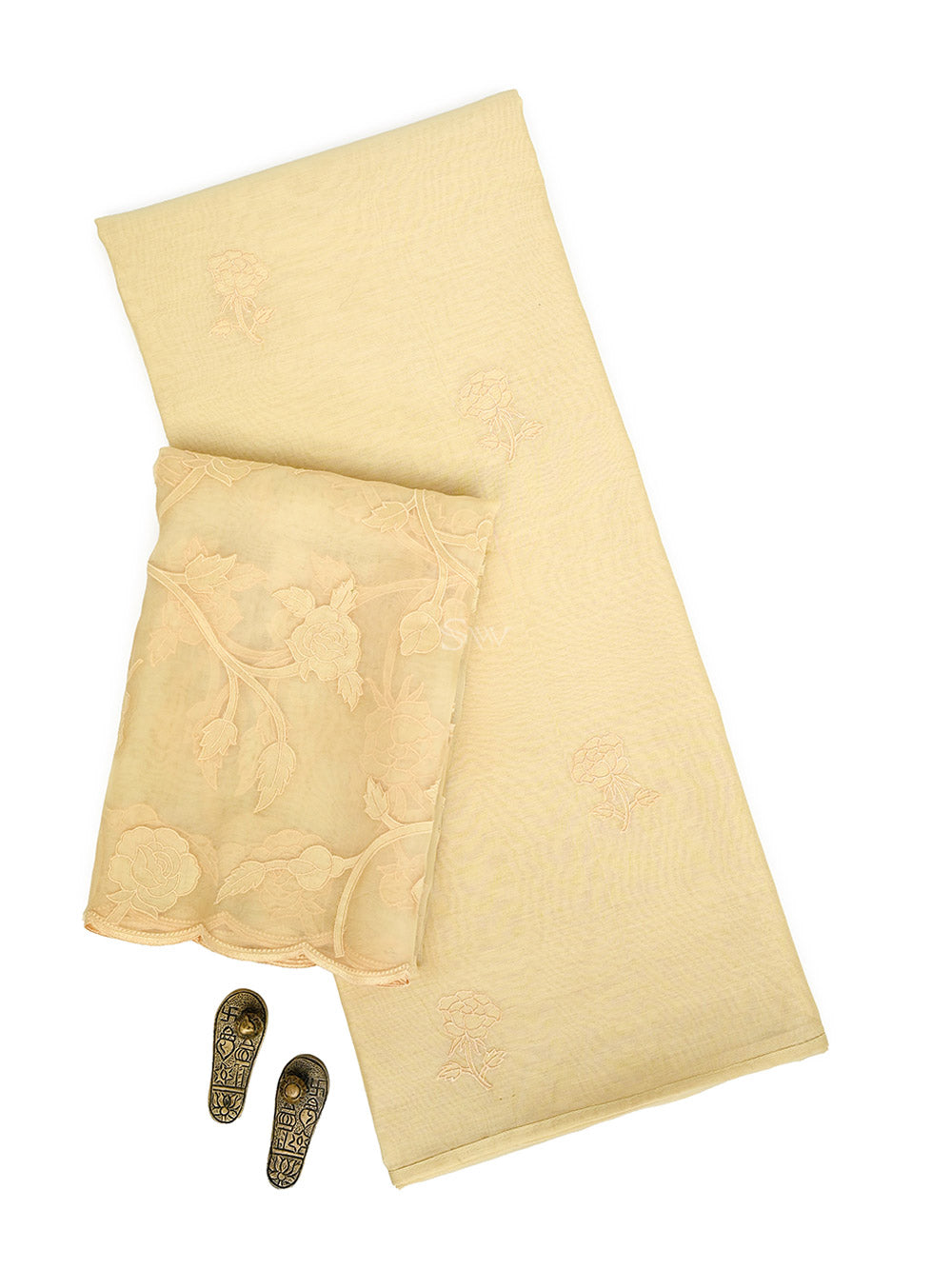 Pastel Yellow Embroidered Cotton Handloom Banarasi Suit - Sacred Weaves