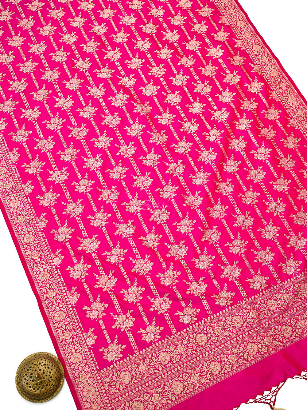 Dark Pink Jaal Katan Silk Handloom Banarasi Dupatta - Sacred Weaves
