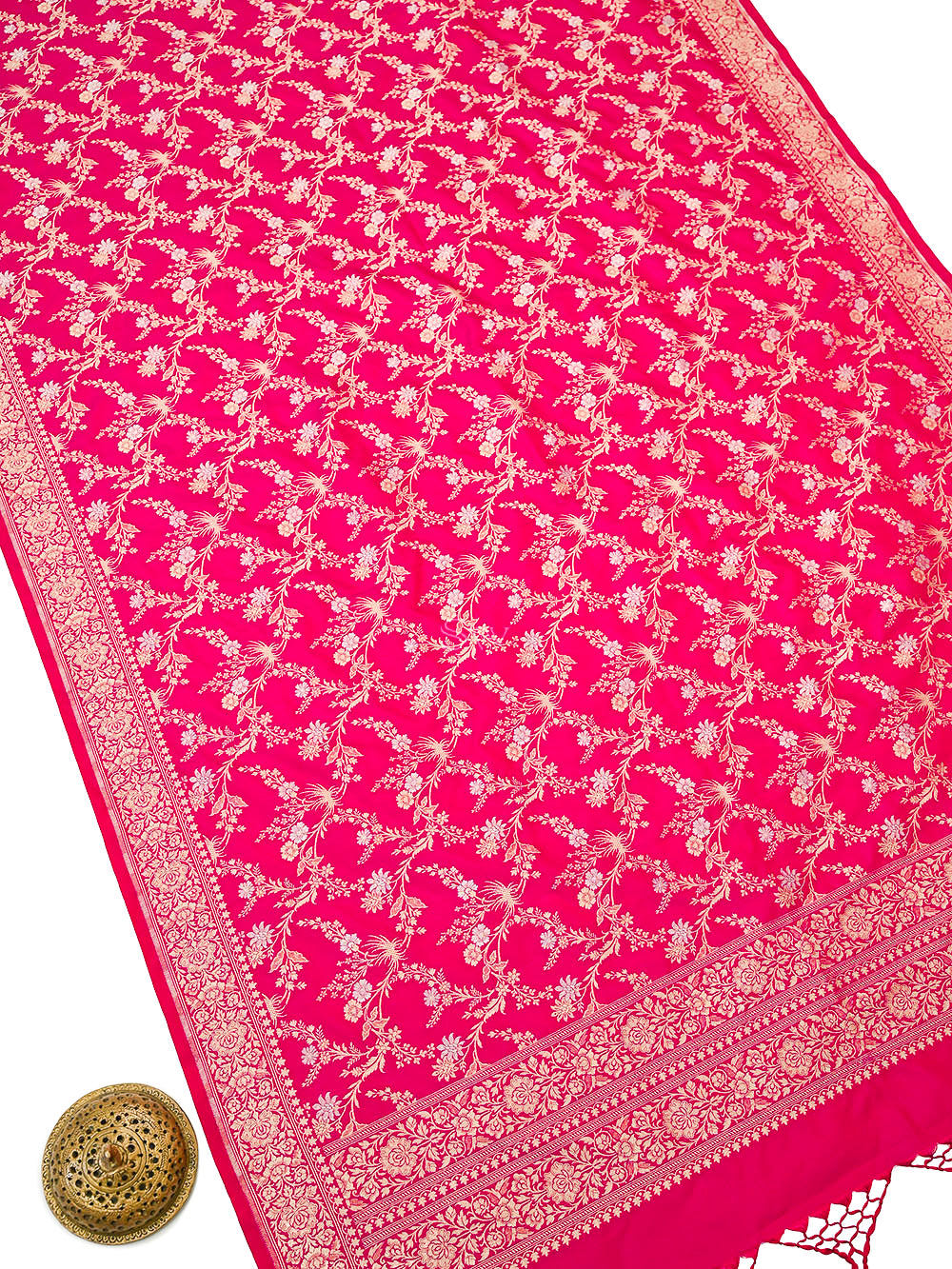Dark Pink Jaal Katan Silk Handloom Banarasi Dupatta - Sacred Weaves