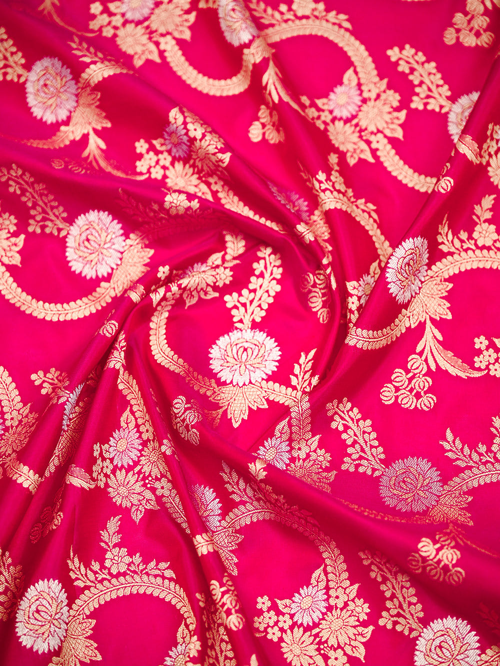 Dark Pink Jaal Katan Silk Handloom Banarasi Dupatta - Sacred Weaves