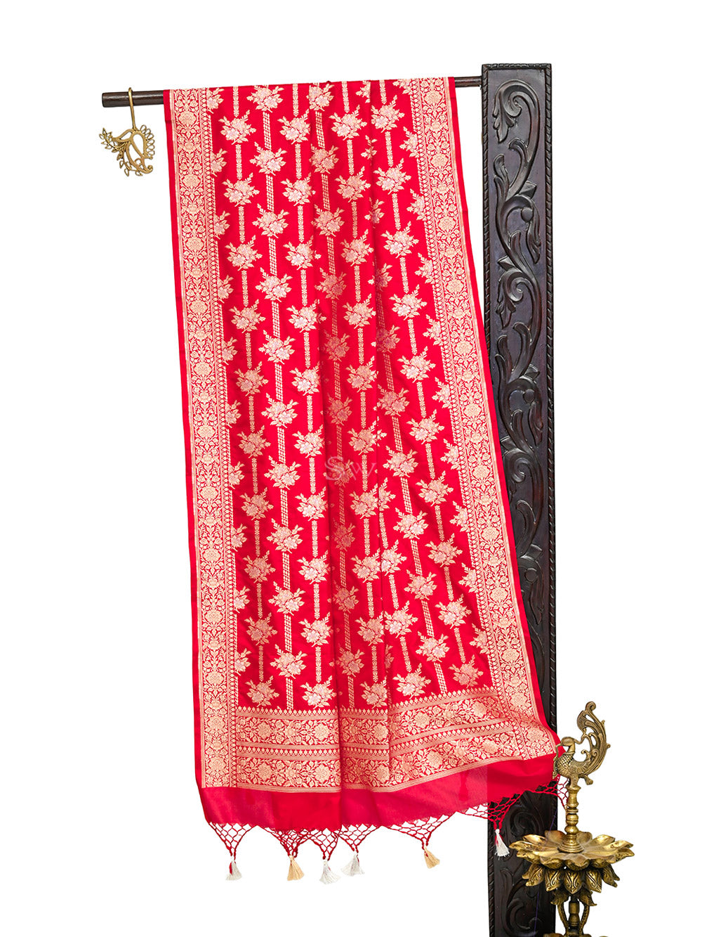 Red Jaal Katan Silk Handloom Banarasi Dupatta - Sacred Weaves