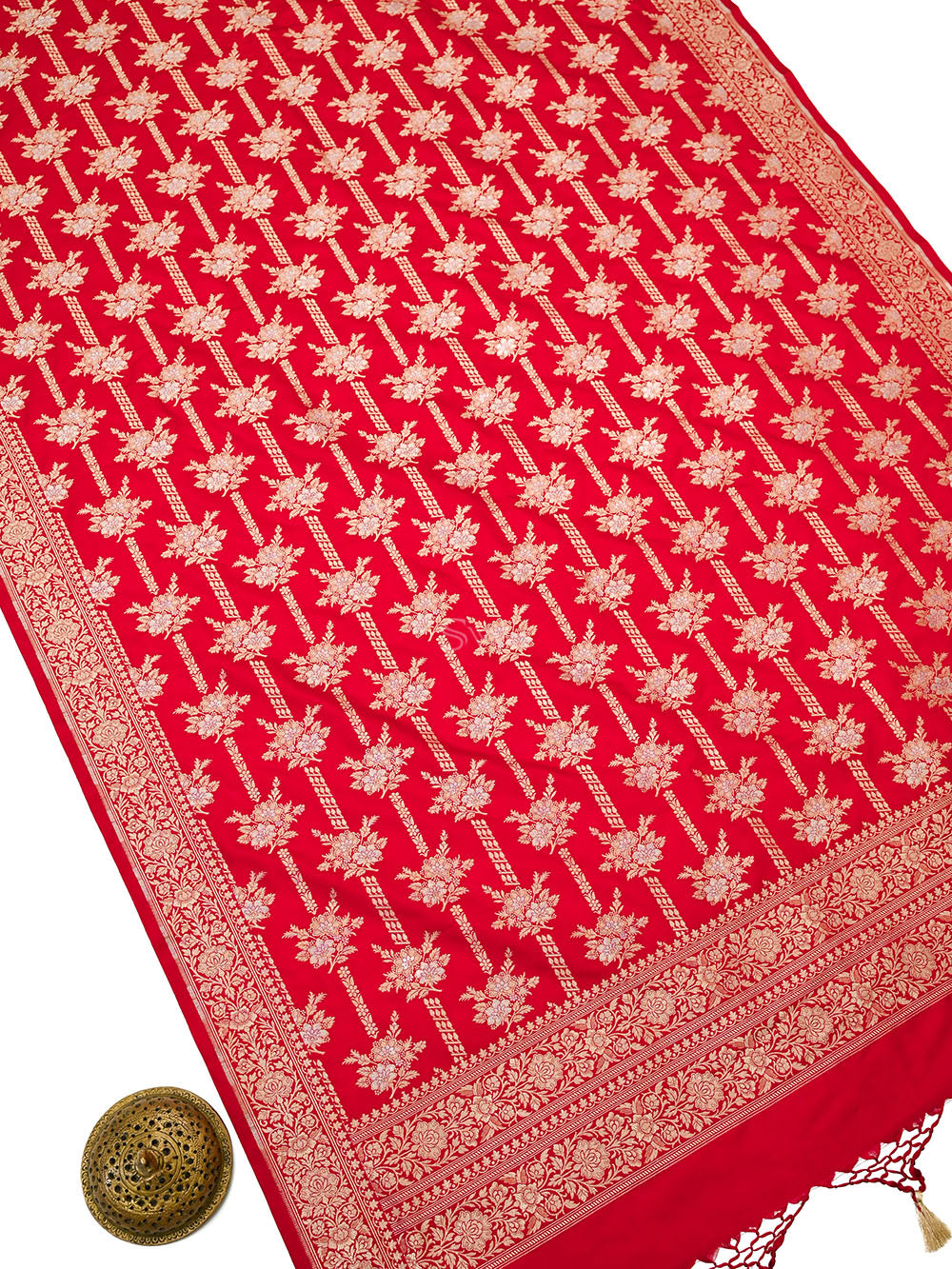 Red Jaal Katan Silk Handloom Banarasi Dupatta - Sacred Weaves