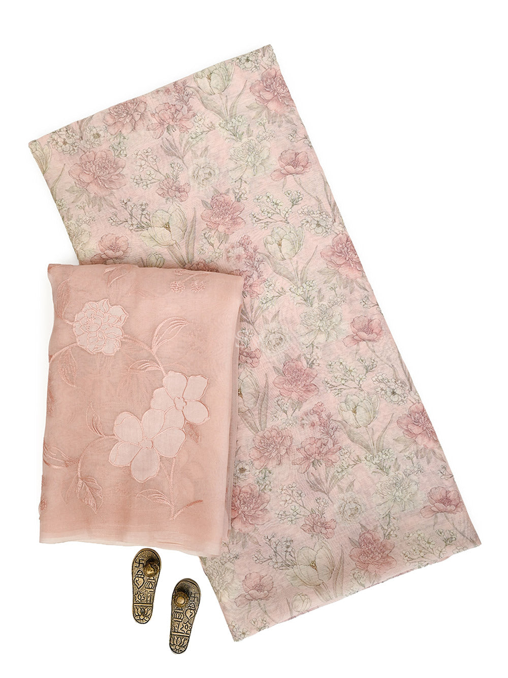 Pastel Pink Printed Cotton Handloom Banarasi Suit - Sacred Weaves