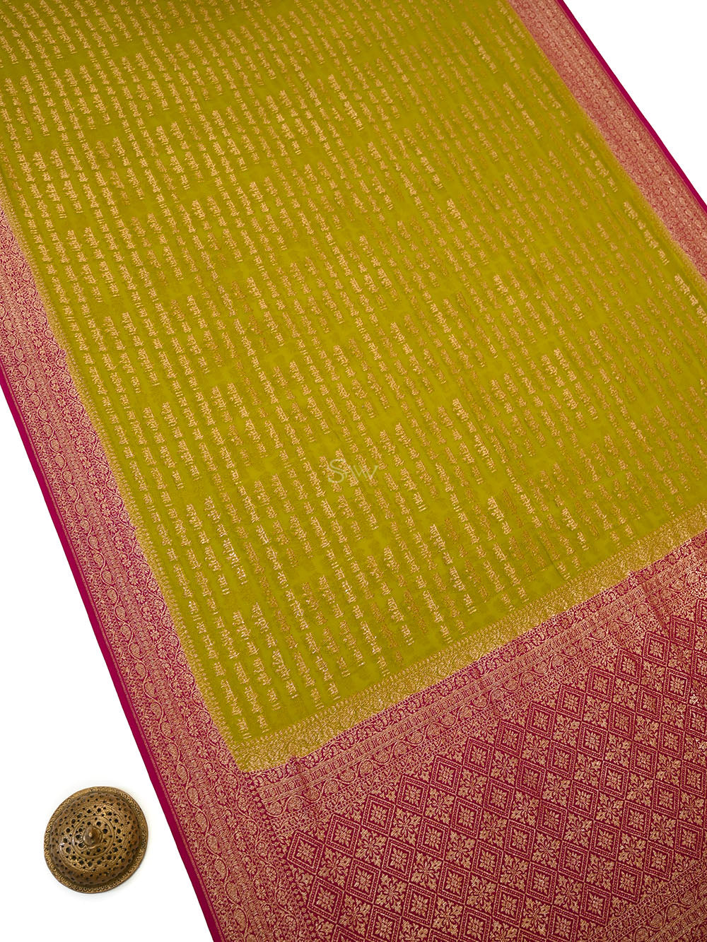 Lime Green Mantra Khaddi Georgette Handloom Banarasi Saree - Sacred Weaves