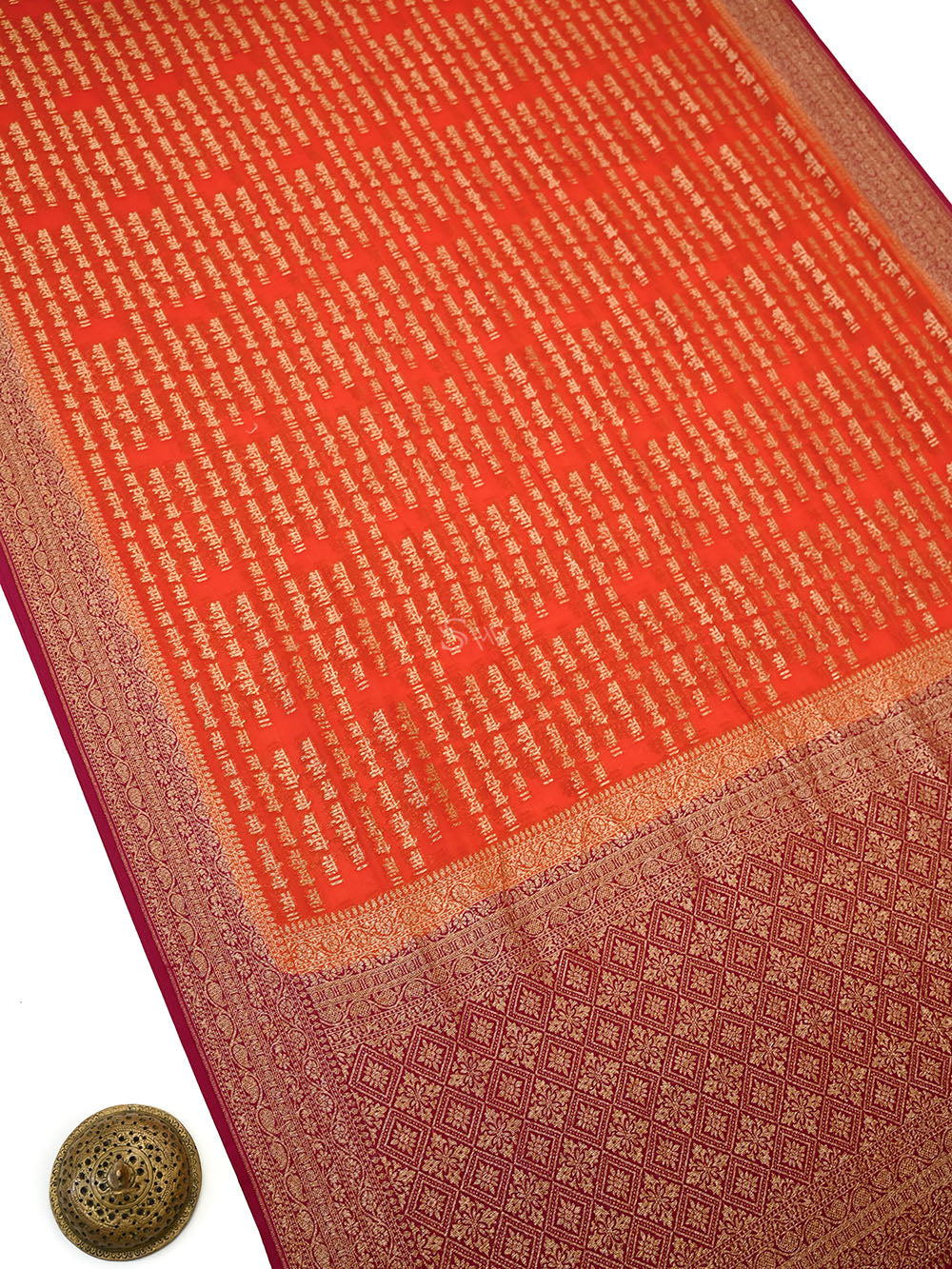 Dark Orange Mantra Khaddi Georgette Handloom Banarasi Saree - Sacred Weaves