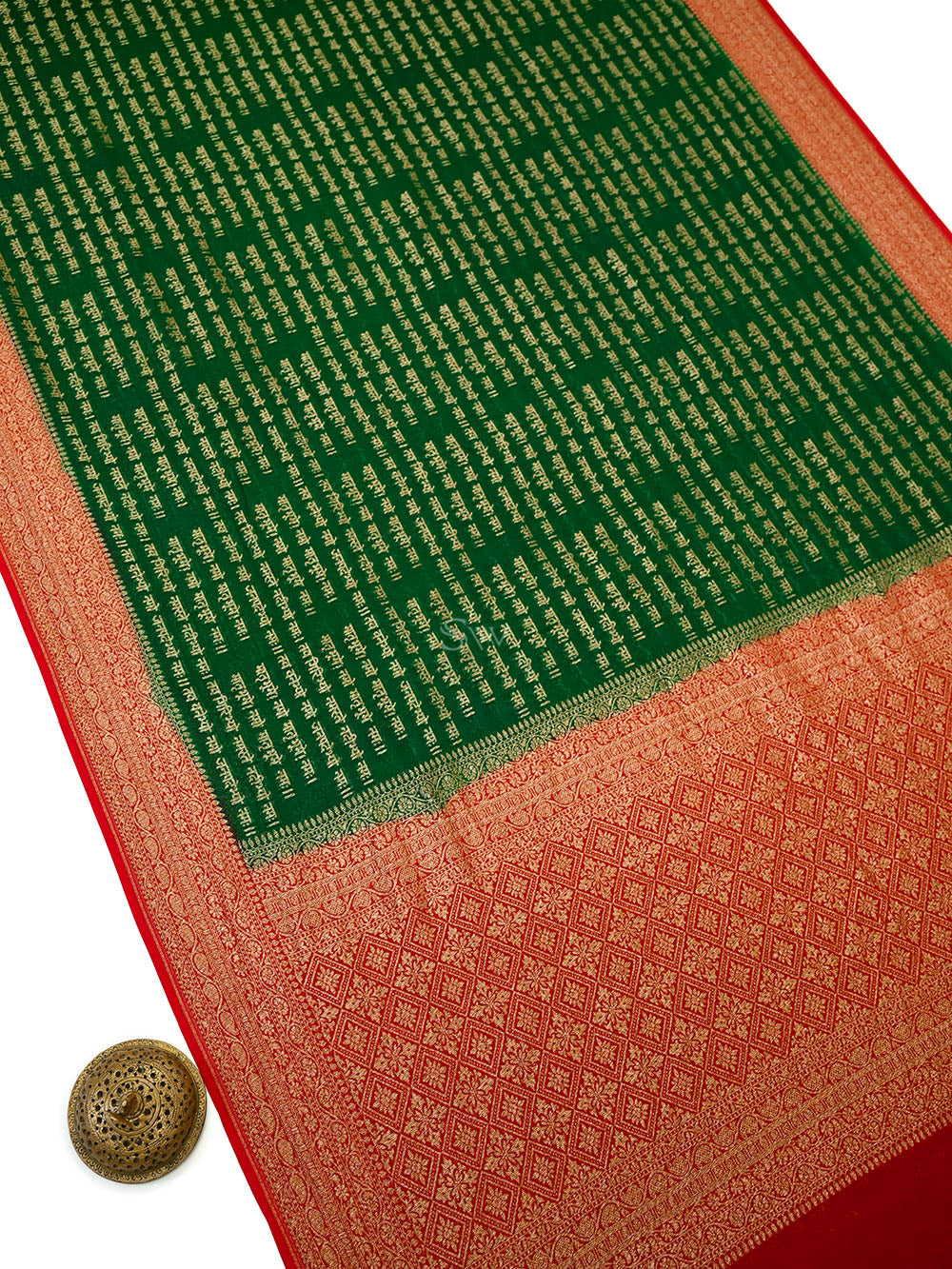 Bottle Green Mantra Khaddi Georgette Handloom Banarasi Saree - Sacred Weaves