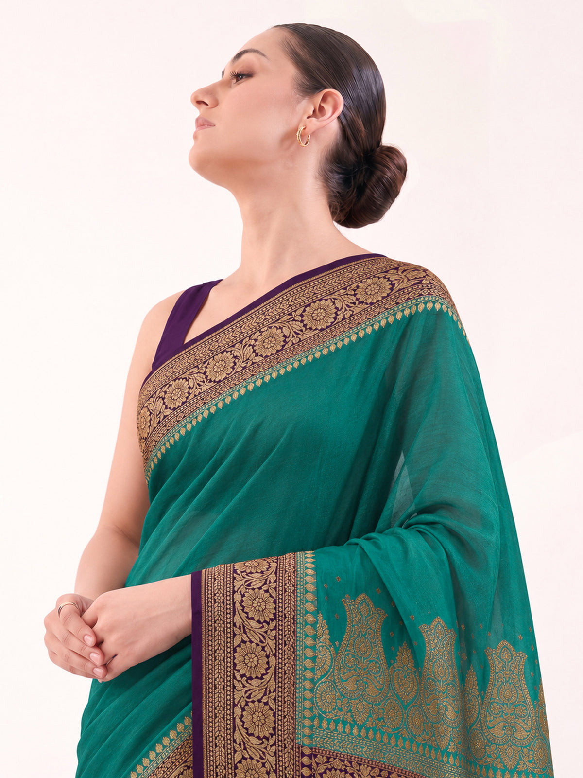 Teal Green Plain Crepe Silk Handloom Banarasi Saree - Sacred Weaves