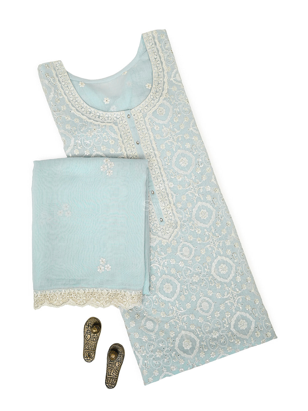 Light Sky Blue Embroidered Cotton Handloom Banarasi Suit - Sacred Weaves