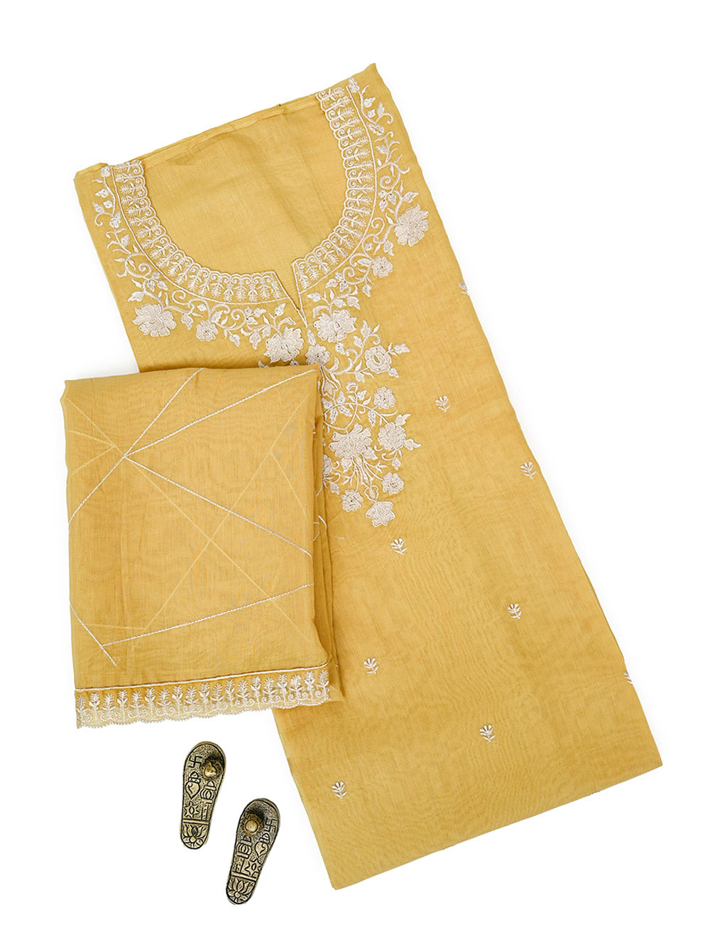 Mustard Embroidered Cotton Handloom Banarasi Suit - Sacred Weaves
