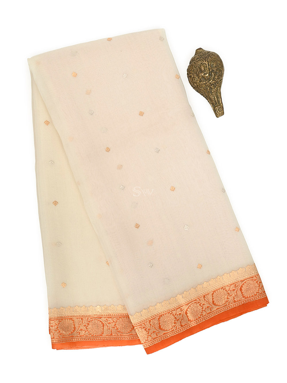 Off White Booti Organza Silk Handloom Banarasi Saree - Sacred Weaves