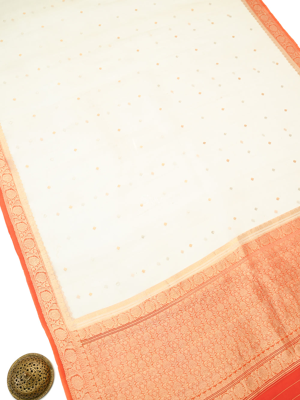 Off White Booti Organza Silk Handloom Banarasi Saree - Sacred Weaves