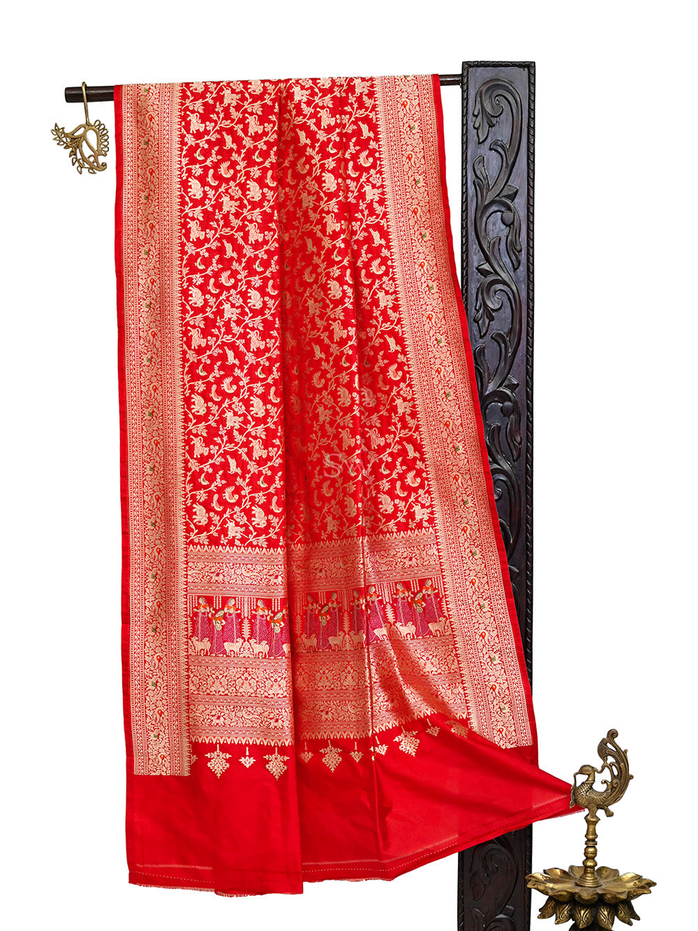 Red Shikargah Meenakari Katan Silk Handloom Banarasi Dupatta - Sacred Weaves