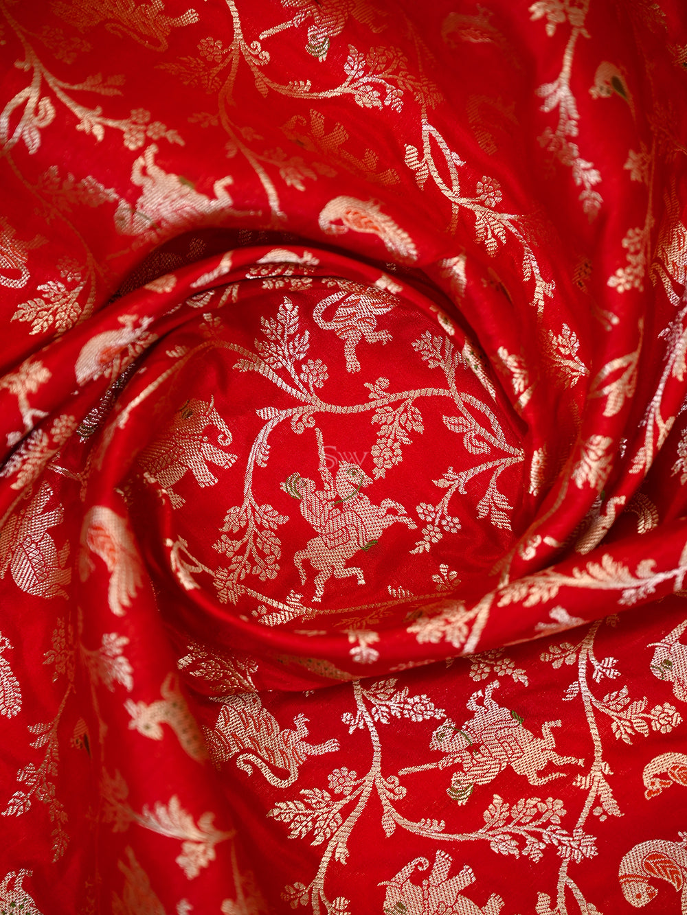 Red Shikargah Meenakari Katan Silk Handloom Banarasi Dupatta - Sacred Weaves