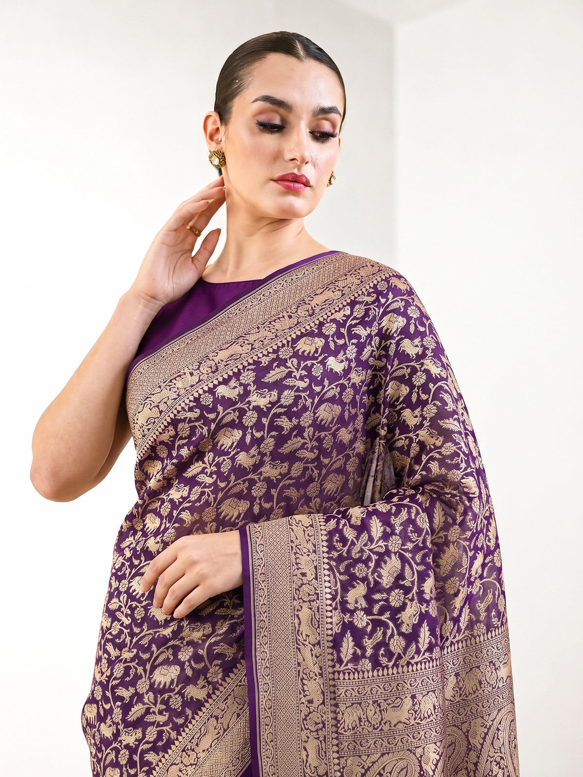 Purple Shikargah Zari Jaal Khaddi Georgette Handloom Banarasi Saree - Sacred Weaves