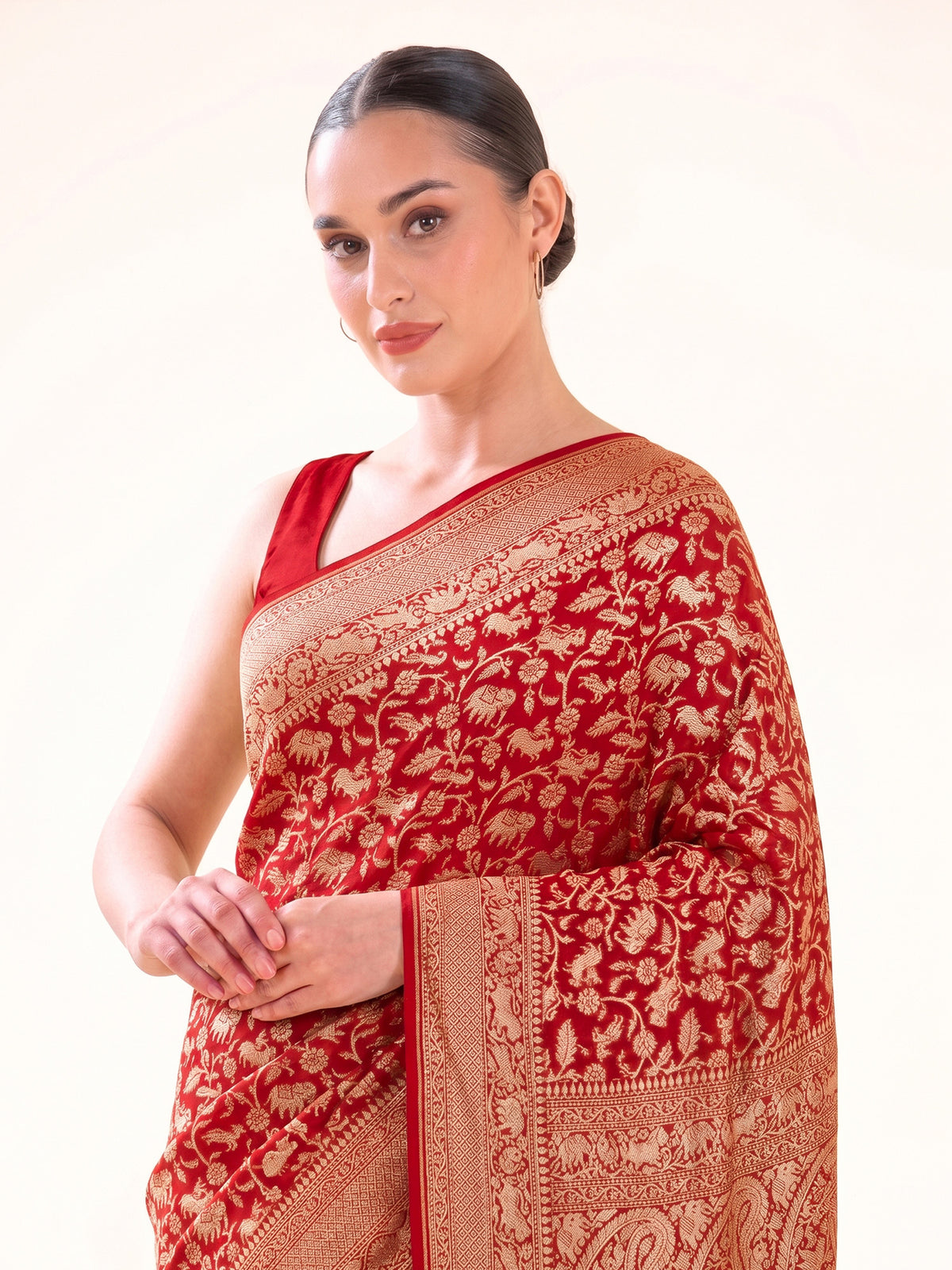 Red Shikargah Zari Jaal Khaddi Georgette Handloom Banarasi Saree - Sacred Weaves