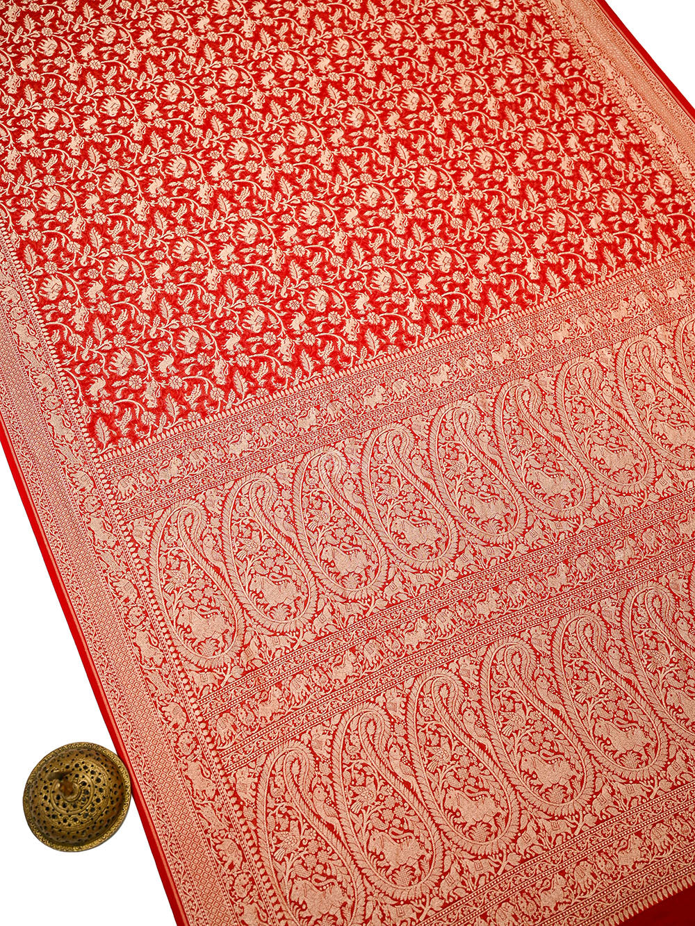 Red Shikargah Zari Jaal Khaddi Georgette Handloom Banarasi Saree - Sacred Weaves