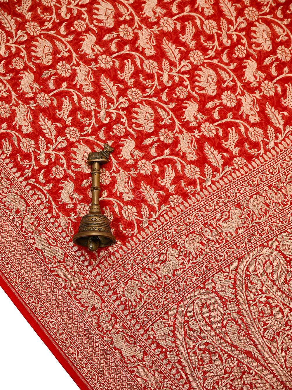 Red Shikargah Zari Jaal Khaddi Georgette Handloom Banarasi Saree - Sacred Weaves