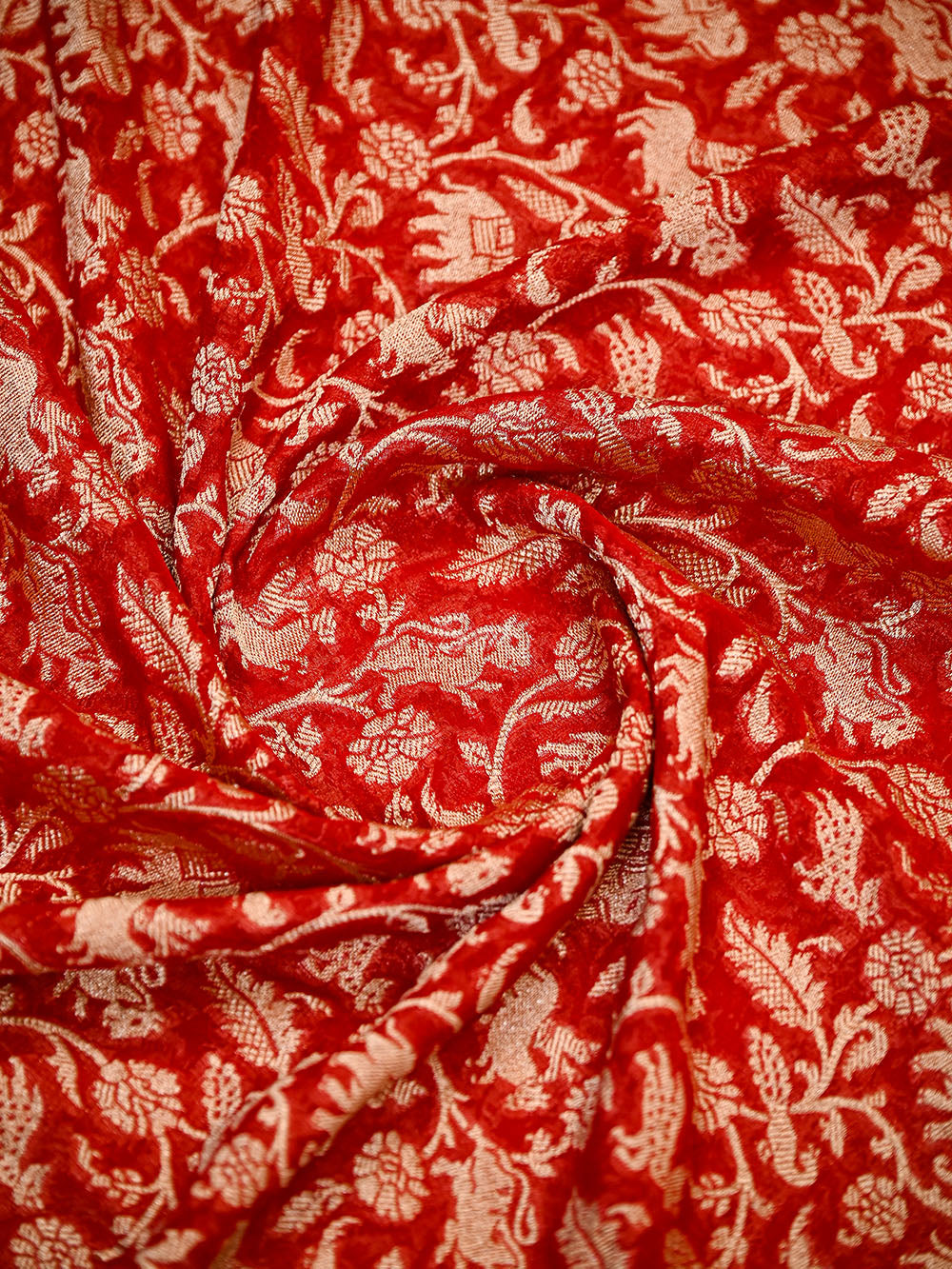 Red Shikargah Zari Jaal Khaddi Georgette Handloom Banarasi Saree - Sacred Weaves