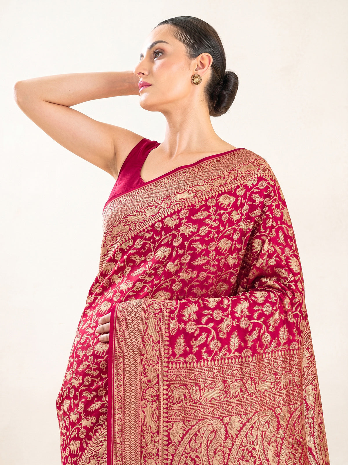 Dark Pink Shikargah Zari Jaal Khaddi Georgette Handloom Banarasi Saree - Sacred Weaves