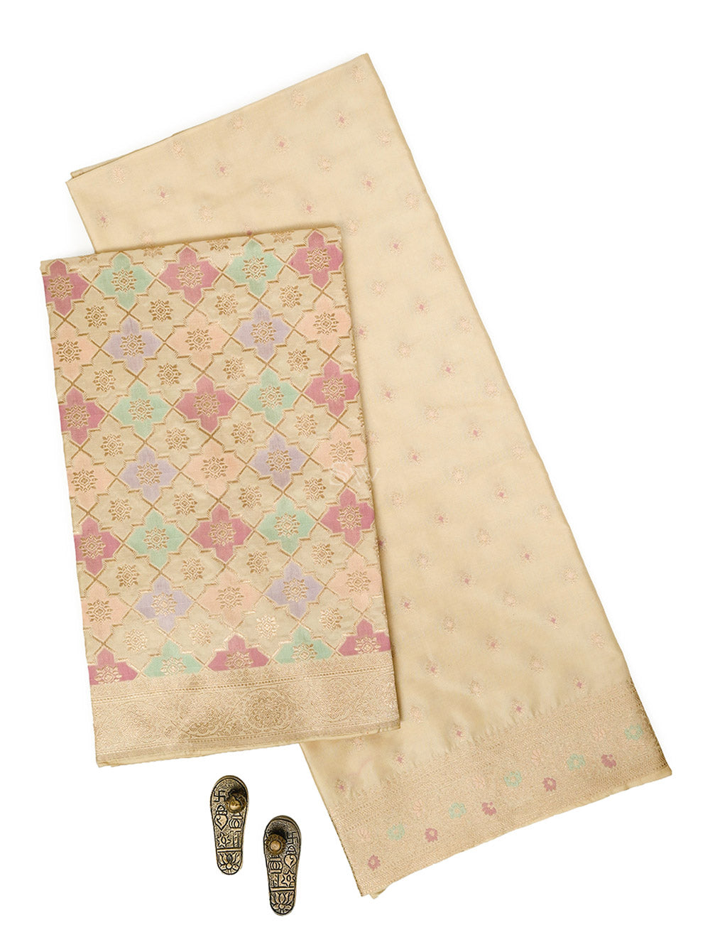 Beige Meenakari Booti Katan Silk Handloom Banarasi Suit - Sacred Weaves