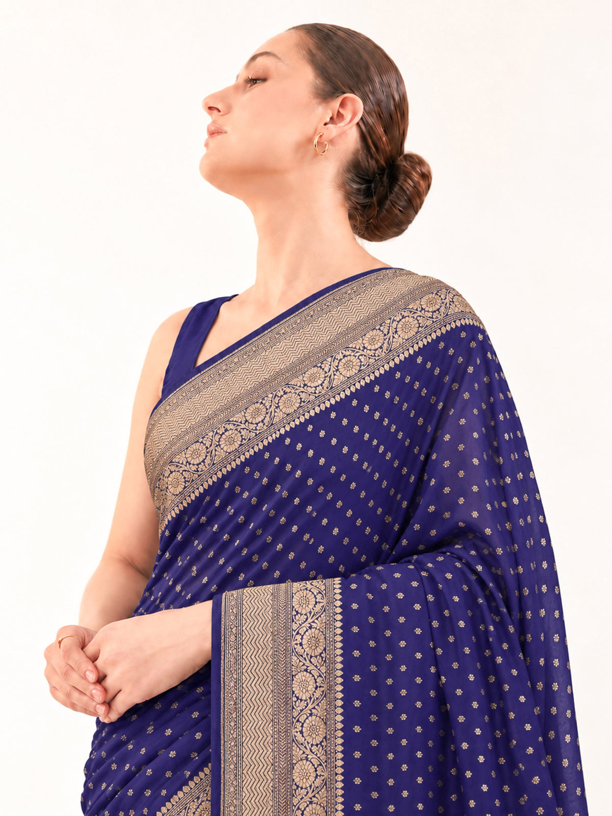 Navy Blue Booti Crepe Silk Handloom Banarasi Saree - Sacred Weaves