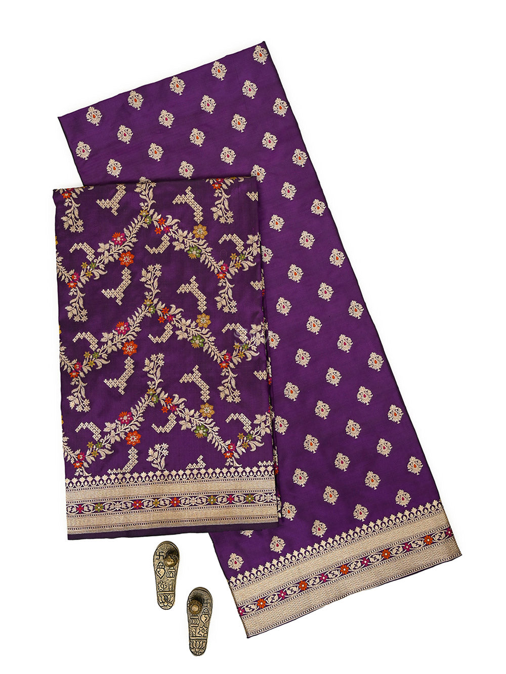 Dark Purple Meenakari Booti Katan Silk Handloom Banarasi Suit - Sacred Weaves